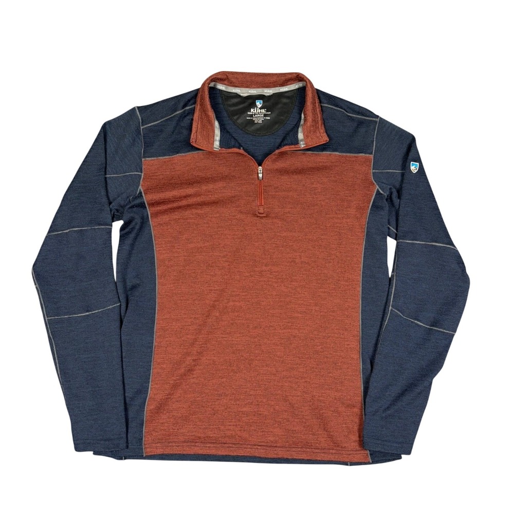 Kuhl 1/4 Zip Pullover Mens Large Blue Rust Orange Colorblock Performance Stretch